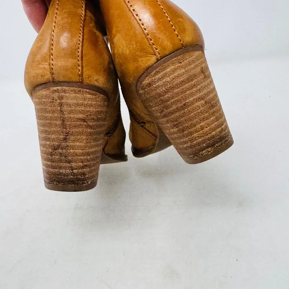 Frye Cara Short Ankle Boots Tan Leather Stacked Heel Western Style Size‎ 7M